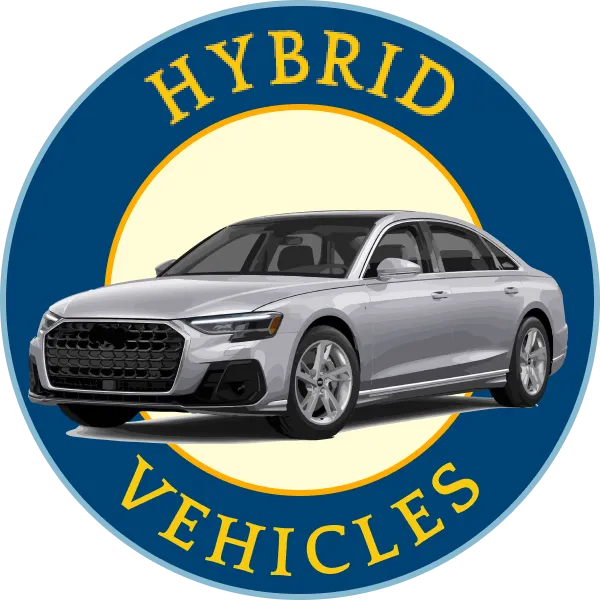 Silver hybrid car with logo