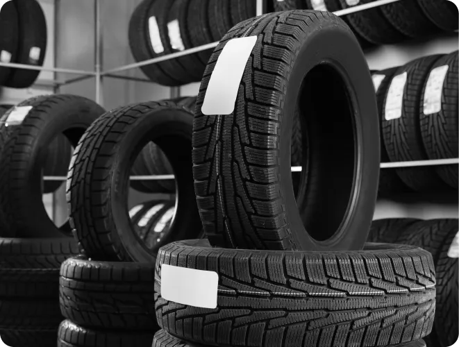 Stacked tires in a storage area