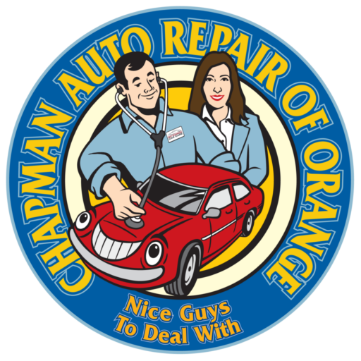 Logo with a smiling cartoon man and woman in blue uniforms, the man using a stethoscope on a red car with a happy face. Text reads Chapman Auto Repair of Orange and Nice guys to deal with.