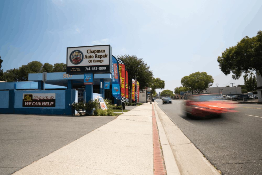 National Car Care Month, auto repair in Orange, CA at Chapman Auto Repair of Orange. Image of the storefront along a busy street, highlighting a trusted local shop providing reliable maintenance, diagnostics, and repair services.